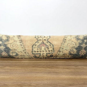 Coussin lombaire vintage turc en tapis, beige bohème, extra long, 12 x 50