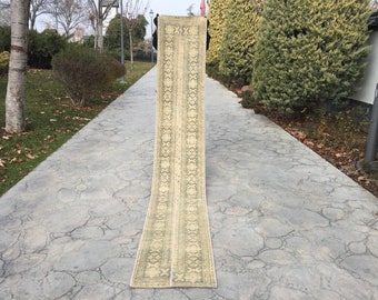 Vintage Turkish Oushak Runner Rug, Handwoven Wool 2x11