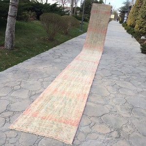 Extra Long Oushak Rug Runner, Muted Color Stair Rug Runner, Mid Century with Traditional Design Carpet Rug Runner, Handmade Vintage Runner