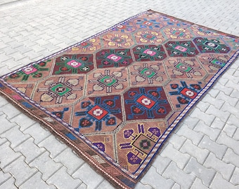 Large Handwoven Wool Kilim Rug: Bohemian Turkish Area Rug (6’1” X 10’3” ft)
