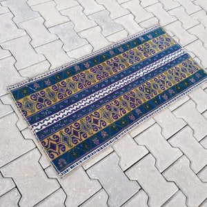 Türmatte, Kleiner Teppich, Handgeknott, Blauer Teppich, Badematte, Badezimmer teppich, Teppichteppich, Vintage Teppich, Badeteppich klein, 51x107 cm