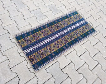 Handwoven Vintage Wool Rug: Small Blue Bath Mat (51x107 Cm)