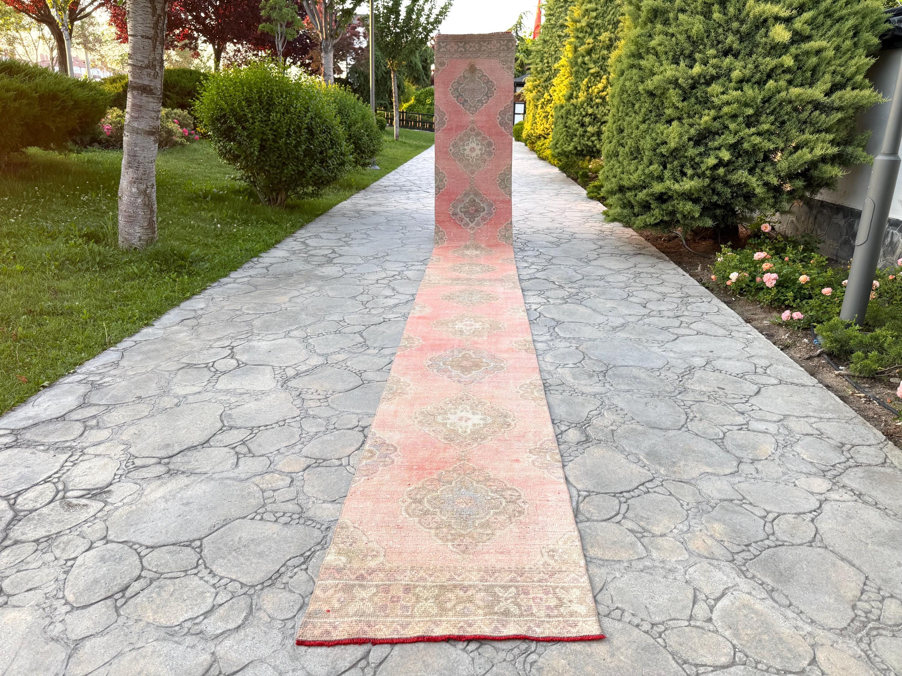 手織りウールラグランナー：ヴィンテージオリエンタル廊下用カーペット