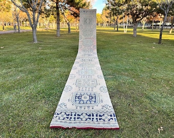 Handwoven Turkish Wool Rug Runner: Soft Pink Blue Vintage Oriental Design (2'5" x 21' )