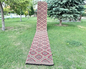 Handwoven Oriental Kilim Rug Runner: Vintage Wool Stair Runner (2’2” X 15’8”)