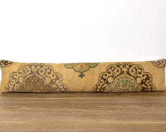 Cojín lumbar largo de 11x54, cojín bohemio hecho a mano, cojín largo para banco, cojín vintage de alfombra turca, cojín lumbar Kilim, cojín de alfombra turca