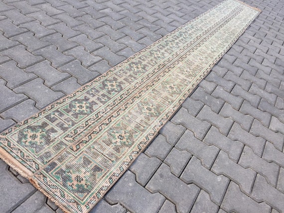 Tribal Patchwork Wool Runner Rug, Vintage Hallway Carpet (2x12 ft)
