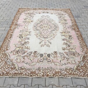 Vintage Large Wool Carpet Rug, Handmade Oversized Oushak Rug, Muted P and Brown Carpet, Living Room Rug, Large Area Rugs, 5&#39;8&quot; X 8’9&quot; feet
