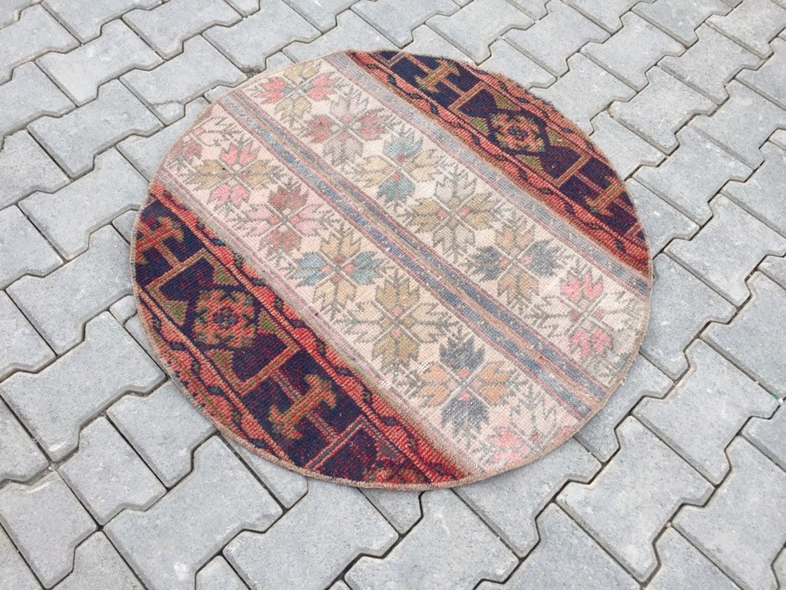 Handwoven Vintage Turkish Round Rug, Bohemian Patchwork Wool Rug (3.1 X ...