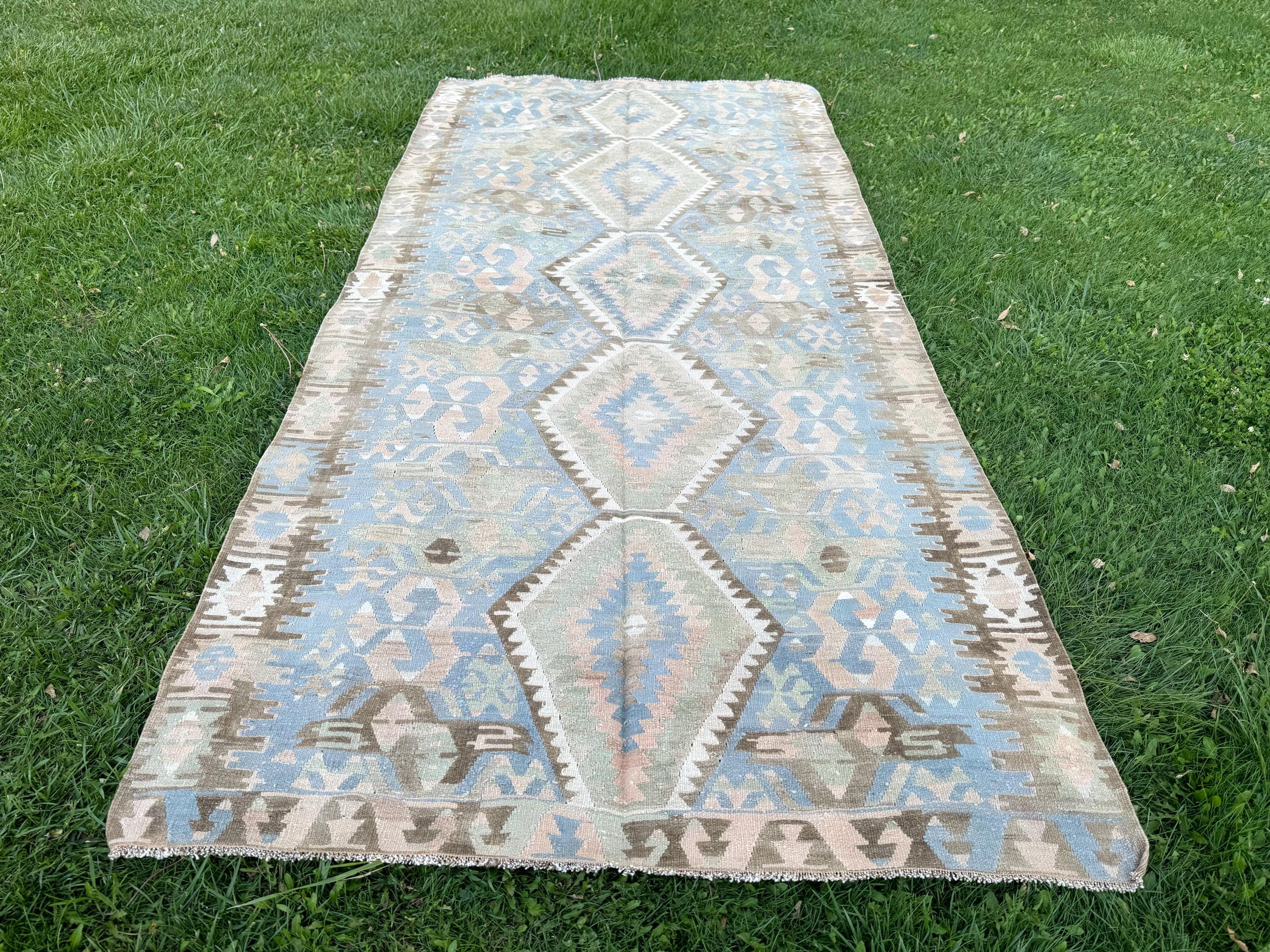 Oversize Handwoven Kilim Rug: Muted Blue Bohemian Tribal Rug (4'8