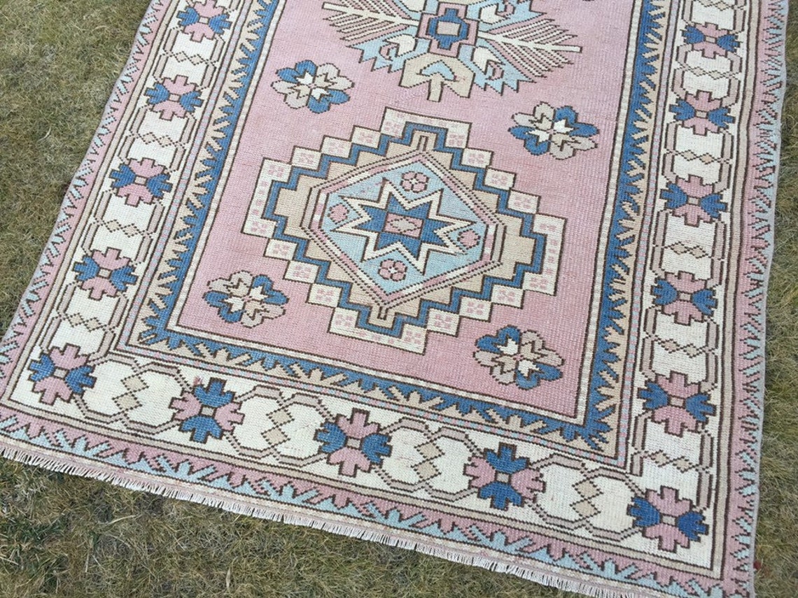 Muted Soft Pink and Blue Carpet Rug Handmade Wool Turkish Etsy