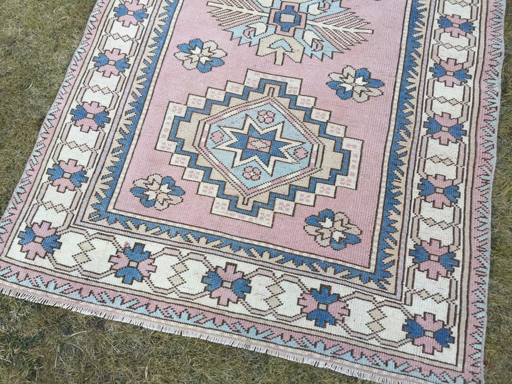 Muted Soft Pink and Blue Carpet Rug Handmade Wool Turkish Etsy