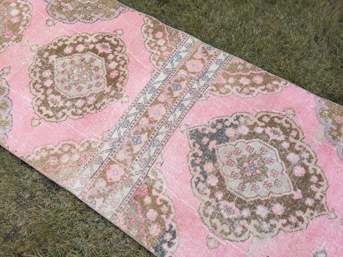Muted Pink Rug Runner Long Runner Rug Oushak Carpet Rug Etsy