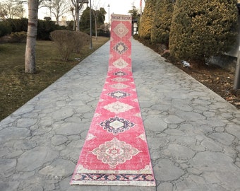 Handwoven Oushak Rug Runner: Extra Long Vintage Turkish Stair Runner