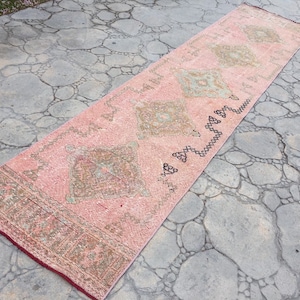 Muted Pink Color Rug Runner, Hand Made Long Rug Runner, Hallway Rug Runner, Turkish Oriental Rug Runner, 2’7” X 11’6” feet / 82 X 355 Cm