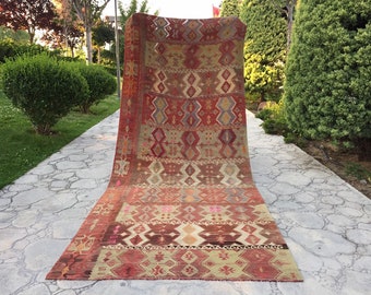 Handwoven Kilim Rug: Vintage Turkish Wool Aztec Floor Rug (4’9” X 12’4” ft)