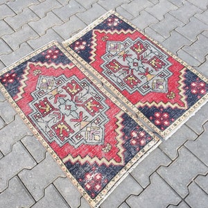 Beautiful Pair Rugs, Bohemian Set Carpet Rugs, Navy Blue and Muted Red Color Rugs, Bath Rugs, Bath Mat, Turkish Carpet Rugs, Pair Small Rug