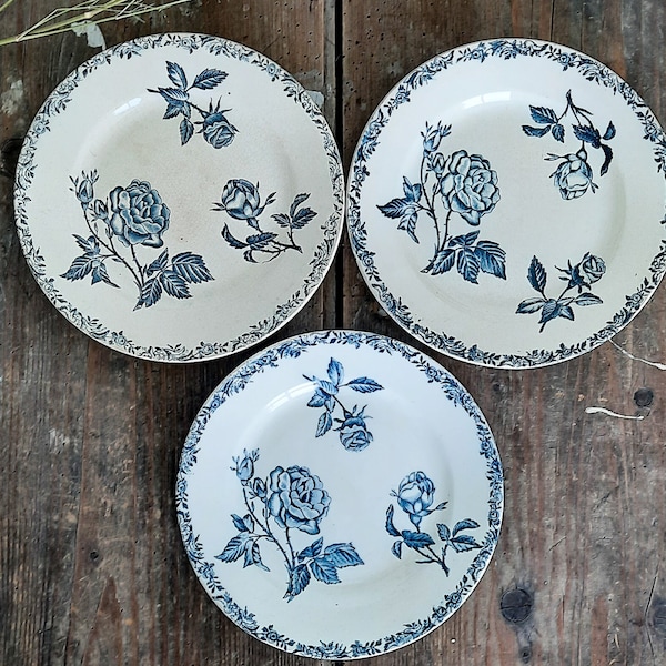 Ironstone Plate Rose Blue Transferware Plate Terre de Fer 1900s, Antique French Rose Plate, Blue Plates, Collectible plate, for ONE