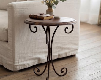 Vintage French Side Table, Wrought Iron Tripod Base, Round Wood Pedestal Table, Small Rustic Accent Table, French Country Furniture