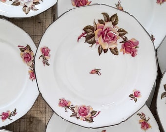ピンクの花とシルバーのラインが入ったリモージュ陶器のボウルプレート