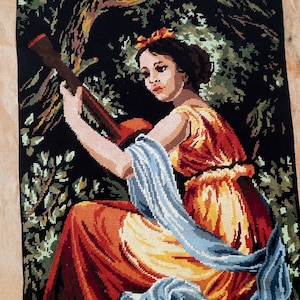 Large Musician Cross Stich Vintage French Embroidered Cross Stitch Finished, Embroidered Wall Decor Paris, Unframed Tapestry Rectangular