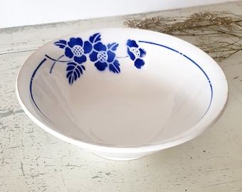Grand bol de service en céramique 12,6 po., décor floral bleu, bol blanc bleu pierre de fer pays français, plat rond, cuisine de ferme