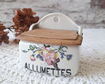 Vintage French Match Holder Ceramic Wall Box, 1950s Kitchen Storage with Wooden Lid, Cottage Farmhouse Decor, Match Striker Container