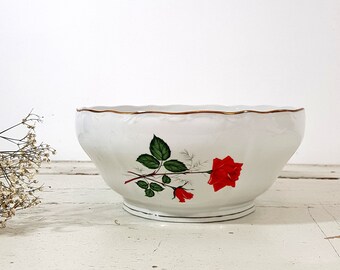 Large French Porcelain Serving Bowl with Red Rose & Gold Rim – Vintage White China Salad or Vegetable Bowl, Shabby Chic Tableware