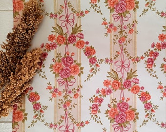 Antieke gedrukte bloemen met roze strikken en linten behang vintage, FOUCRAY behangrol jaren '70, voor projecten, originele nieuwe oude voorraad