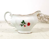 French Vintage Gravy Boat Porcelain China with Red Rose, Scallop Edge, Shabby Chic Decor, French Antique Sauce Boat White Ceramic