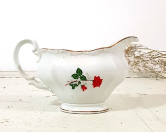 French Vintage Porcelain Gravy Boat with Red Rose and Gold Rim, White China Sauce Boat, Shabby Chic Tableware