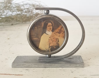 Religious Antique French Silver Catholic Stand of Saint Therese of Lisieux, Metal Medallion Lourdes, Souvenir Stand, Saint Therese Portrait