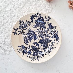 May include: A round, off-white ceramic plate with a blue floral design. The pattern features stylized leaves, flowers, and berries. The plate has a slightly distressed look, suggesting it is vintage or antique. Decorative tableware.