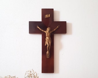 Vintage French Crucifix Wall Decor, Wooden Catholic Cross with Gold Tone Christ, Mid Century Religious Wall Art INRI, 1950s