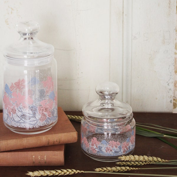 Set of 2 Crystal Glass Lidded Jar Vintage French Container with Lid Blue and Pink