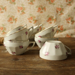 Set of 9 Limoges Porcelain Coffee Service Cups, Flowers Pink Roses, Tea Cups or Coffee Cups, Coffee for Gifts