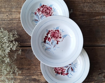 Antique French Soup Plates Set of 3 St Amand Faience, Red Floral Ironstone Bowls, Vintage 1930s French Country Tableware