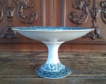 Antigo Compotier Francês Terre de Fer, Choisy le Roi, Tigela de Pedestal de Transferware Azul, Suporte para Bolo de Ironstone