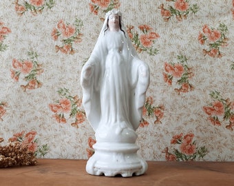 Superbe statuette vierge sainte Marie ancienne 19ème siècle en porcelaine blanche, statue vierge en porcelaine antique