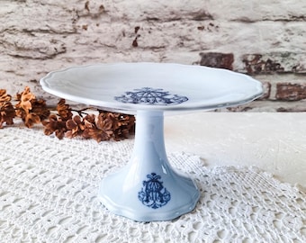 Vintage Blue Compote Dish, Ironstone Pedestal Cake Stand, English Cauldon Plate, Cottagecore Decor, Shabby Chic Display