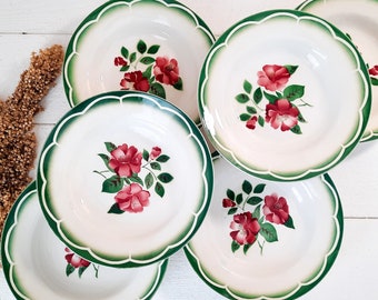 French Vintage Ironstone Bowl Plate Digoin Sarreguemines Mireille, Red and Green Flowers Plates Ceramic, Mid Century Modern Plate, For ONE