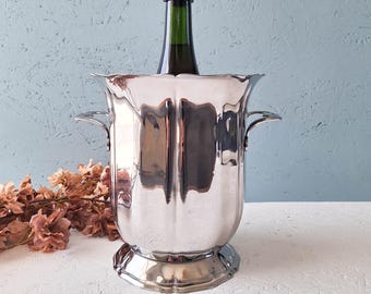 Franse vintage Guy Degrenne champagne-emmer 18/8 roestvrij staal, verzilverde metalen champagne-emmer met handgrepen, Frans bargerei