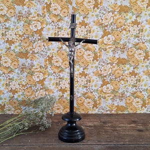 Extra Large Napoleon III Antique Standing Ebony Wood Crucifix on Stand Black Wood 20.1&quot;