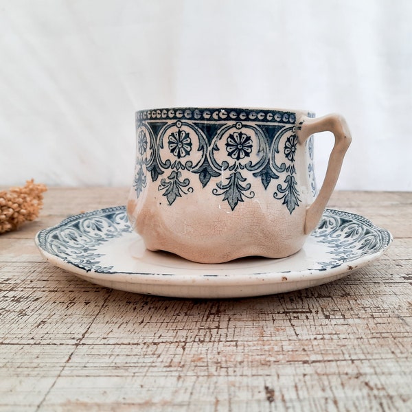 Oriental Blue Transferware China BADONVILLER Cup and Saucer Terre de Fer Set for One, Chocolate Cup and Saucer Vintage,