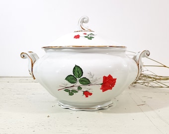 Ancienne soupière avec couvercle en porcelaine de Limoges, rose rouge, soupière française blanche, bol de service en porcelaine de Chine rose rouge, bol à soupe avec couvercle, shabby chic