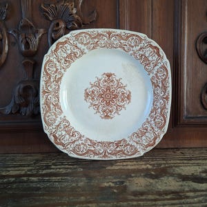 Brązowy talerz kwadratowy Vintage Transferware firmy GIEN France, talerz Ironstone Bowl Vintage, talerz do serwowania z kamionki, zamek francuski,