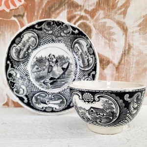 Antique Black Gray Cup and Saucer SARREGUEMINES France Terre de Fer 1800s