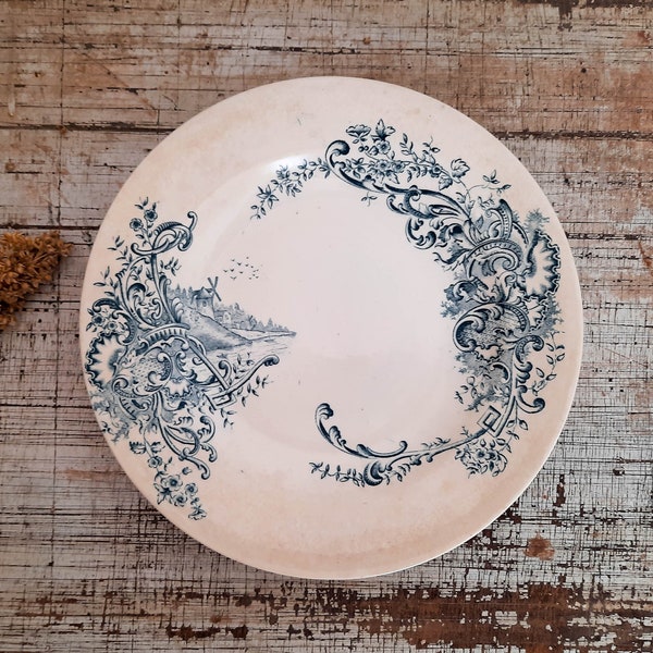 Teal Transferware Plate Terre de Fer Plate Antique French Ironstone Plate, Wall Hanging Decoration