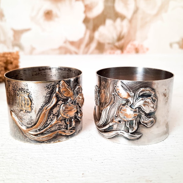 Rare Pair of Our Lady Lourdes Napkin Rings, French Art Nouveau Napkin Ring Antique, Rond De Serviette with Iris Flower, Silver Plated Holder