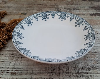 Blue Green Transferware Low Cake Plate GIVORS France Verdun, Cake Stand Ironstone Plate Terre de Fer Shallow Plate Antique